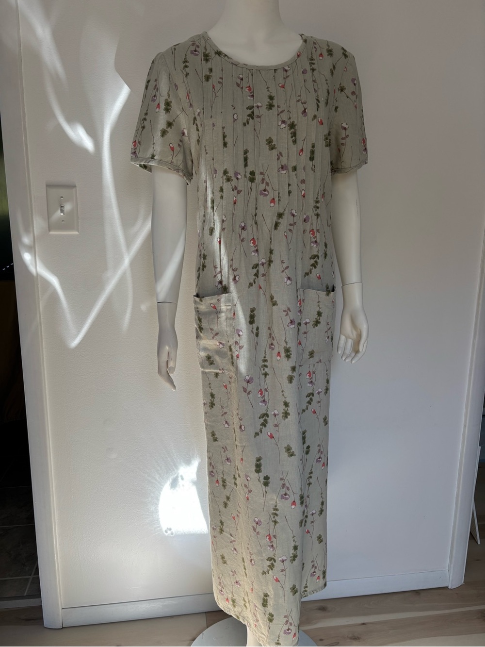 Spice Linen Sage Green Floral Midi Dress with Pockets